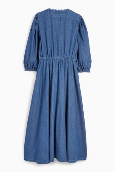 Femei - Rochie din denim cu decolteu în V - albastru închis