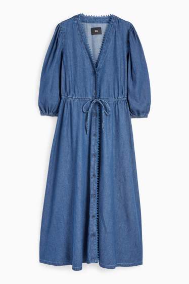 Femei - Rochie din denim cu decolteu în V - albastru închis