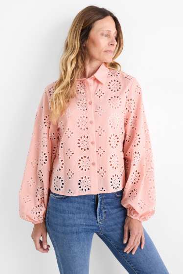 Femei - Bluză - broderie englezească - roz