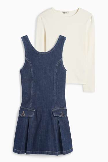 Copii - Fete - Set - tricou cu mânecă lungă și rochie din denim - 2 piese - denim-albastru închis