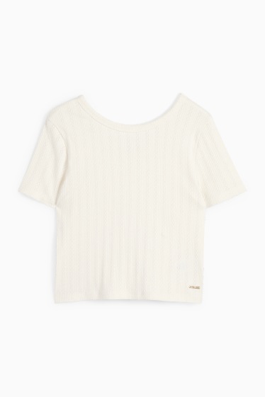 Copii - Fete - Tricou cu mânecă scurtă - reiat - alb-crem