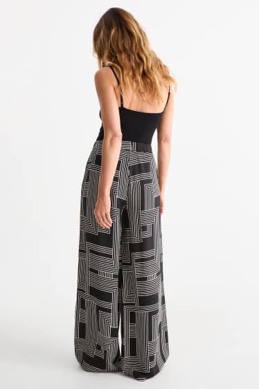 Femei - Pantaloni de stofă - talie înaltă - wide leg - cu model - negru / alb