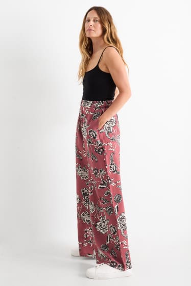 Femei - Pantaloni de stofă - talie înaltă - wide leg - cu flori - bordo
