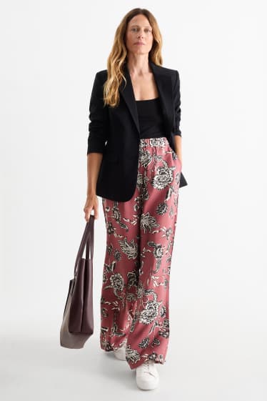 Femei - Pantaloni de stofă - talie înaltă - wide leg - cu flori - bordo