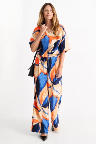 Femei - Pantaloni de stofă - talie înaltă - wide leg - cu model - portocaliu / albastru
