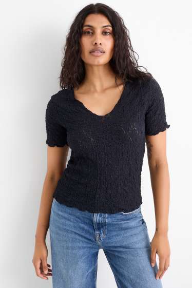 Dames - T-shirt - regular fit - met structuur - donkerblauw
