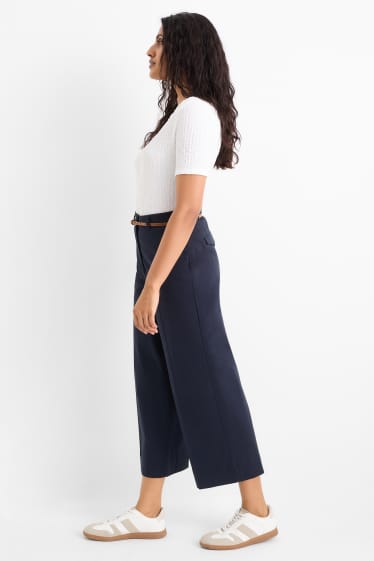 Femei - Pantaloni de stofă cu curea - talie înaltă - wide leg - albastru închis