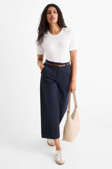 Femei - Pantaloni de stofă cu curea - talie înaltă - wide leg - albastru închis