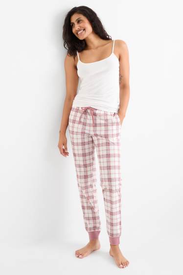 Femei - Pantaloni de pijama din flanel - în carouri - alb / roz