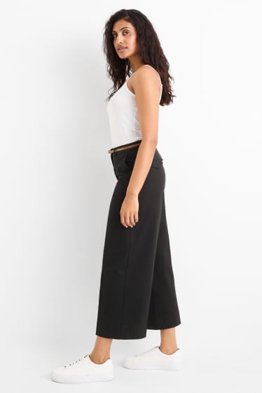 Femei - Pantaloni de stofă cu curea - talie înaltă - wide leg - negru
