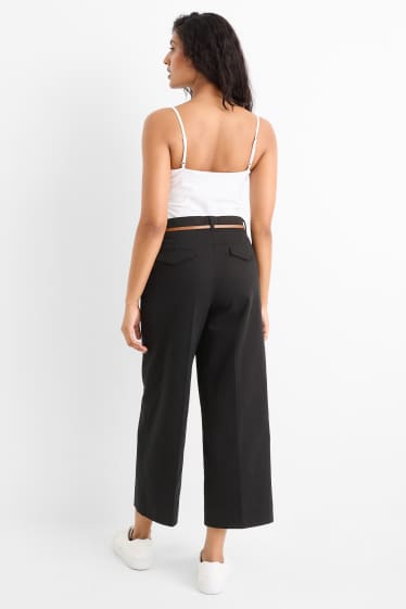 Femei - Pantaloni de stofă cu curea - talie înaltă - wide leg - negru