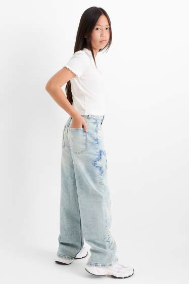 Copii - Fete - Stea - wide leg jeans - denim-albastru deschis
