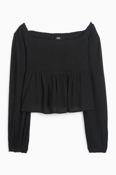 Women - Cropped blouse - smocked - black