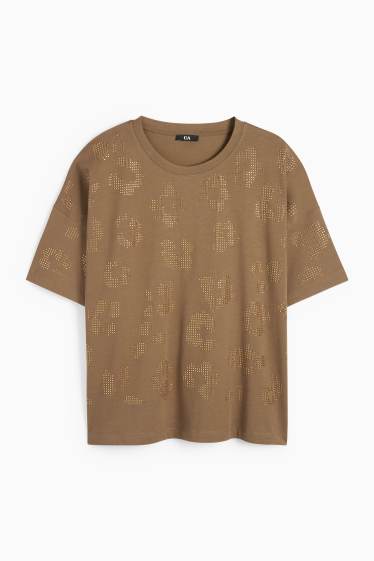 Femei - Tricou cu ștrasuri - regular fit - kaki