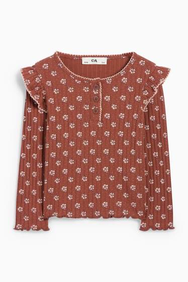 Copii - Fete - Tricou cu mânecă lungă - reiat - cu flori - maro