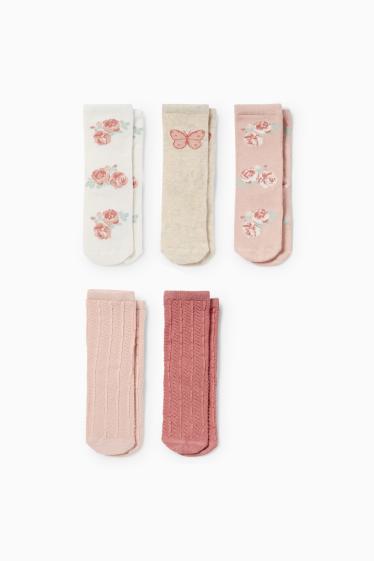 Bebeluși - fete - Multipack 5 perechi - floricele și fluture - șosete bebeluși - roz