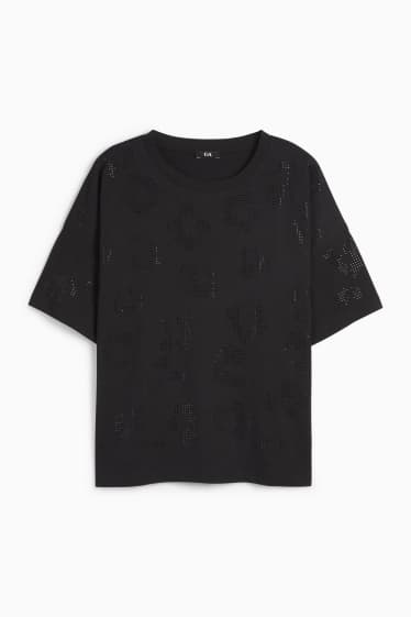 Femei - Tricou cu ștrasuri - regular fit - negru