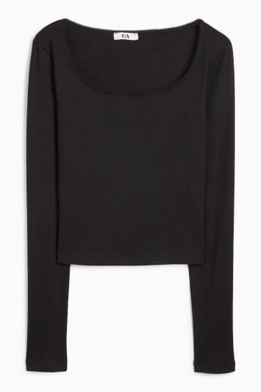 Femei - Tricou crop cu mânecă lungă - reiat - negru