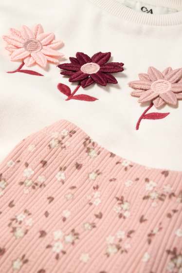 Children Girls - Floral - set - sweatshirt and flared leggings - 2 piece - white / rose