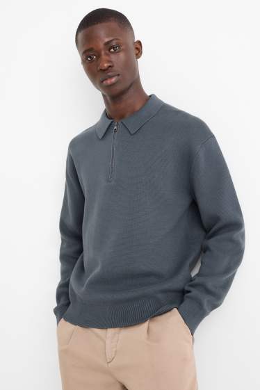 Bărbați - Tricou polo cu mânecă lungă - din tricot - gri închis