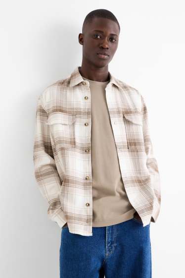 Bărbați - Cămașă din flanel - relaxed fit - guler Kent - în carouri - bej