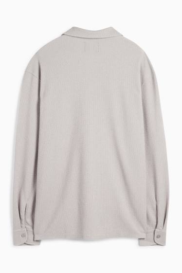 Men - Knitted shirt - loose fit - lapel collar - ribbed - gray