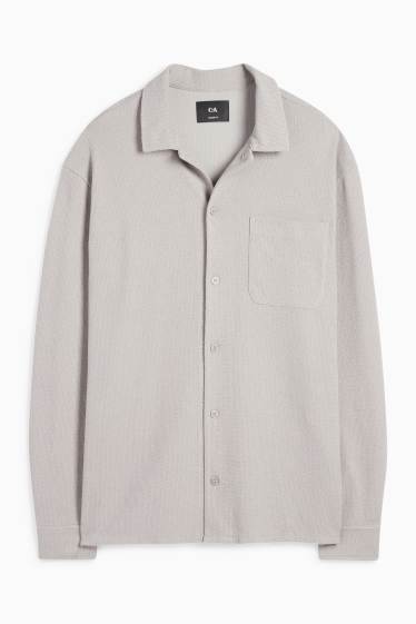 Men - Knitted shirt - loose fit - lapel collar - ribbed - gray