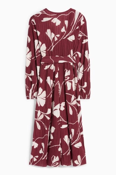 Femei - Rochie petrecută plisată cu curea - cu flori - bordo