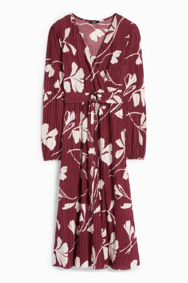 Femei - Rochie petrecută plisată cu curea - cu flori - bordo