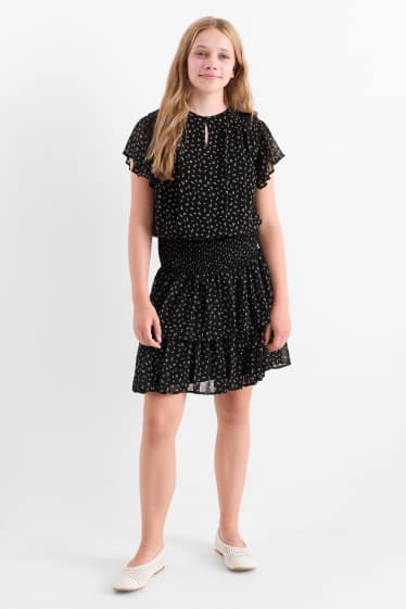 Copii - Fete - Rochie din șifon - cu flori - negru