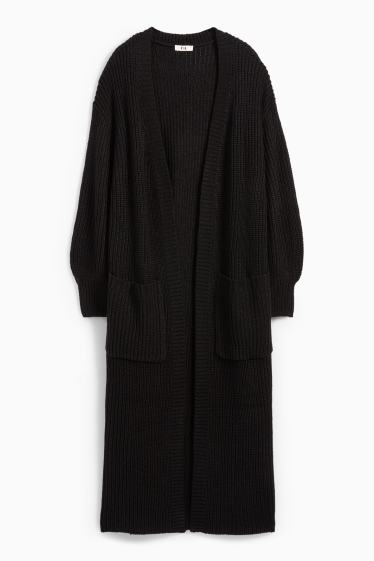 Femei - Cardigan tricotat lung - reiat - negru