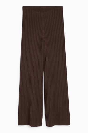 Women - Knitted trousers - low-rise waist - ribbed - dark brown