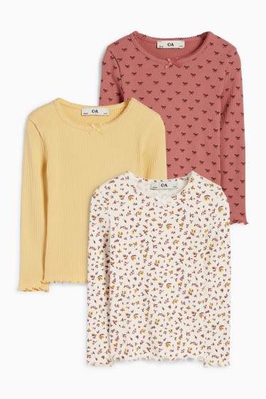 Children Girls - Multipack of 3 - flower and bow - long sleeve top - ribbed - cremewhite