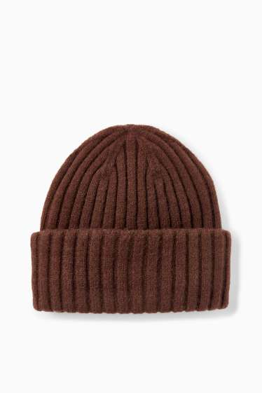 Dámské - Pletená čepice - žebrovaná - tmavohnědá