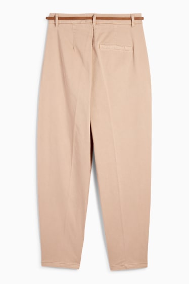 Women - Cloth trousers with belt - high waist - barrel leg - beige