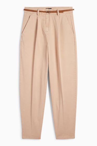 Women - Cloth trousers with belt - high waist - barrel leg - beige
