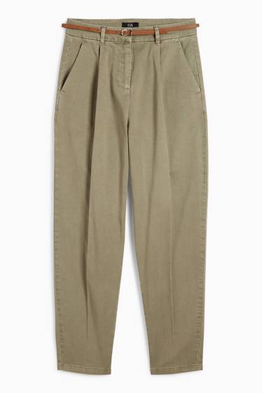 Women - Cloth trousers with belt - high waist - barrel leg - khaki
