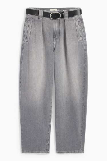 Femei - Barrel jeans cu curea - talie înaltă - denim-gri deschis