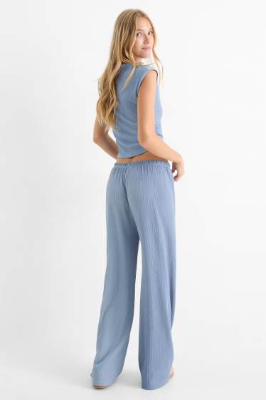 Women - Jersey trousers - mid-rise waist - wide leg - textured - blue