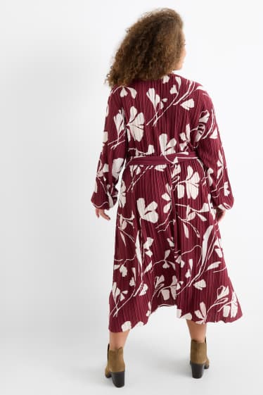 Femei - Rochie petrecută plisată cu curea - cu flori - bordo