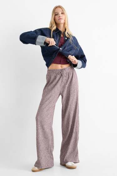 Women - Jersey trousers - mid-rise waist - wide leg - check - white / dark red