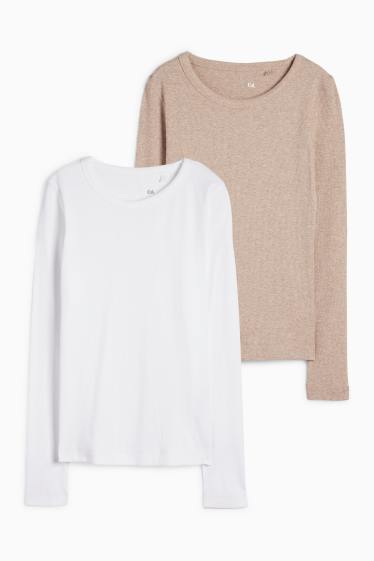 Femei - Multipack 2 buc. - tricou cu mânecă lungă - slim fit - reiat - alb / bej