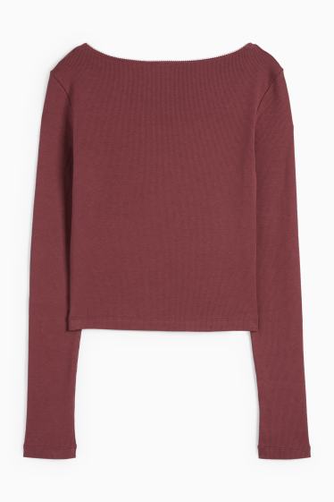 Femei - Tricou crop cu mânecă lungă - reiat - bordo