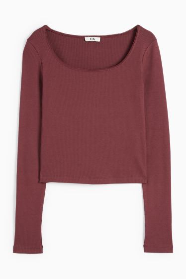 Femei - Tricou crop cu mânecă lungă - reiat - bordo