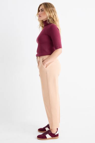 Women - Cloth trousers with belt - high waist - barrel leg - beige