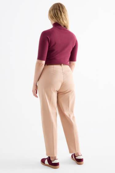 Women - Cloth trousers with belt - high waist - barrel leg - beige