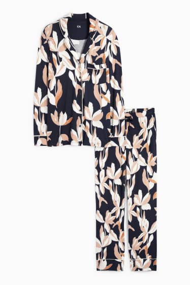 Femei - Pijama din viscoză - cu flori - albastru închis