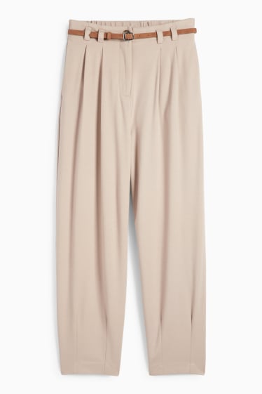 Femei - Pantaloni de stofă cu curea - talie înaltă - barrel leg - bej
