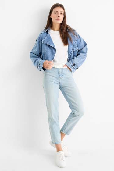 Femei - Mom jeans cu ștrasuri - talie înaltă - denim-albastru deschis