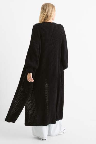 Femei - Cardigan tricotat lung - reiat - negru
